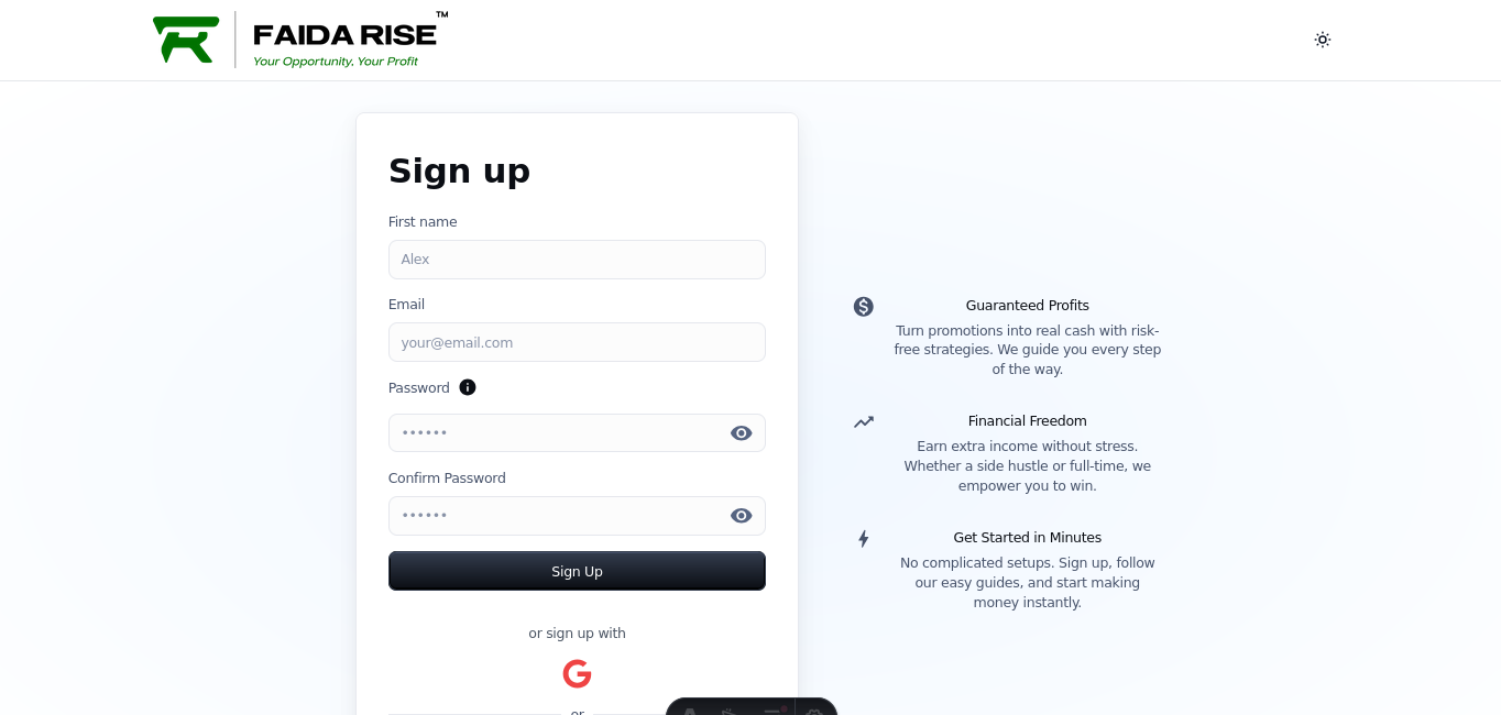 FaidaRise Dashboard — Clean Login & Overview